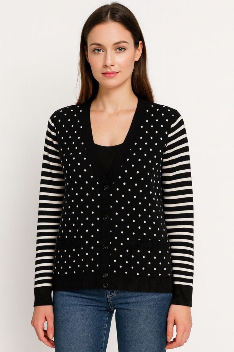 Vince Camuto Polka Dot Stripe Cardigan Sweater Women's M Black Preppy Academia